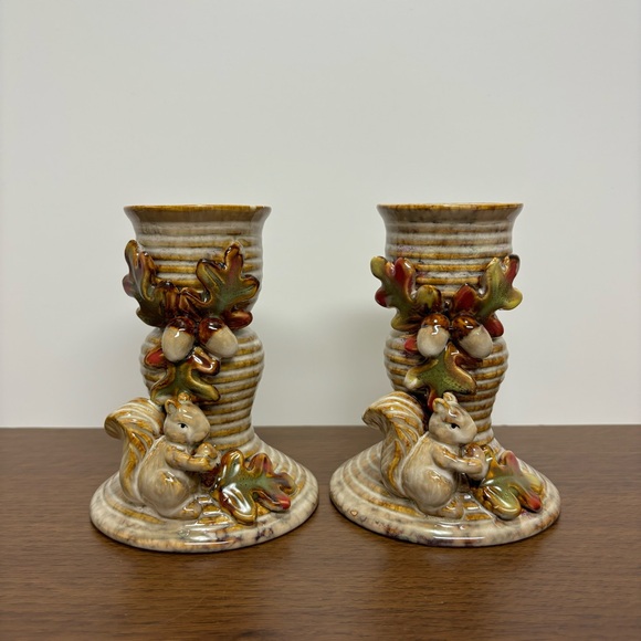 Other - Woodland Squirrel Ceramic Candle Holders - Pair
